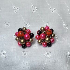 Vintage Multicolor Japan Beaded Cluster Clip on Earrings